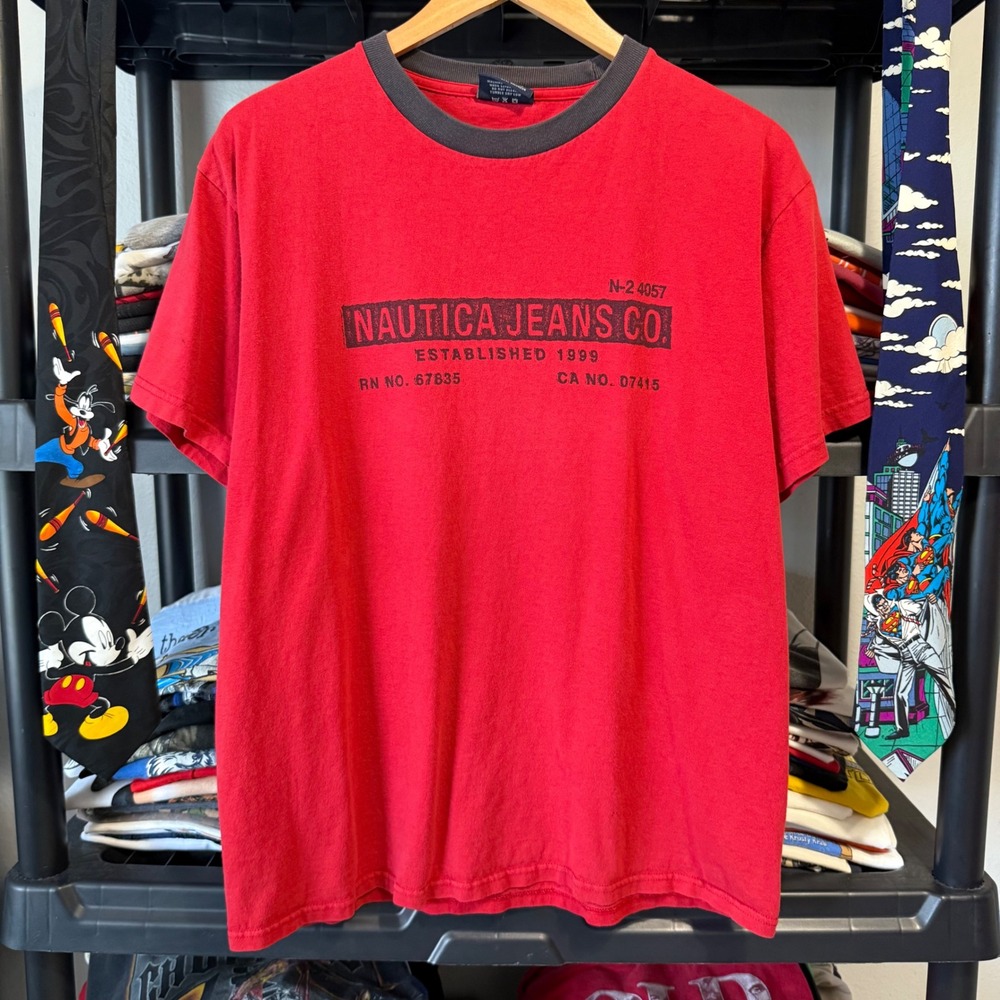 Y2K Red Nautica Jeans Co Graphic Ringer T-Shirt Size Medium Light Marks
